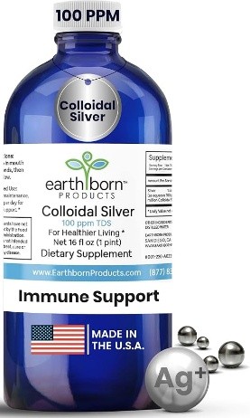 Blue 16 oz bottle of Earthborn Products Colloidal Silver 100 PPM with Immune Support label