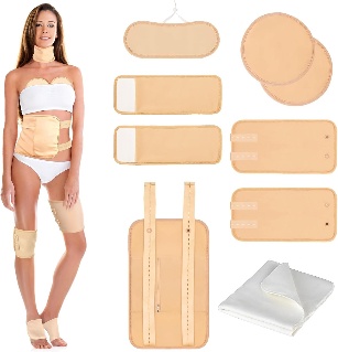Nine-piece set of beige reusable castor oil pack wraps with a white flannel cloth