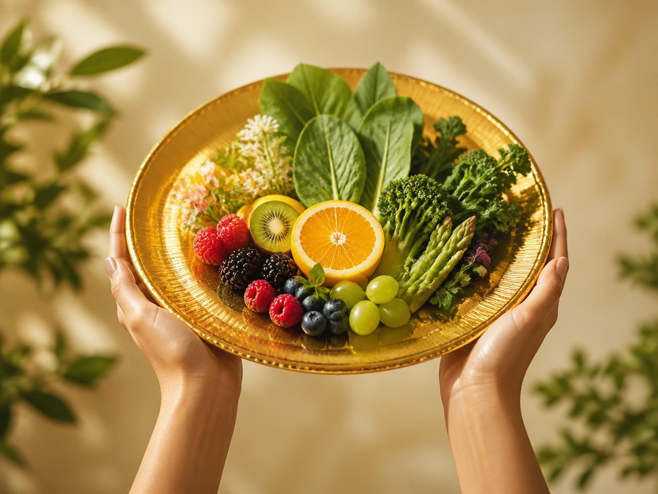 Hands holding up a gold plate arranged with fresh fruit, greens and vegetables