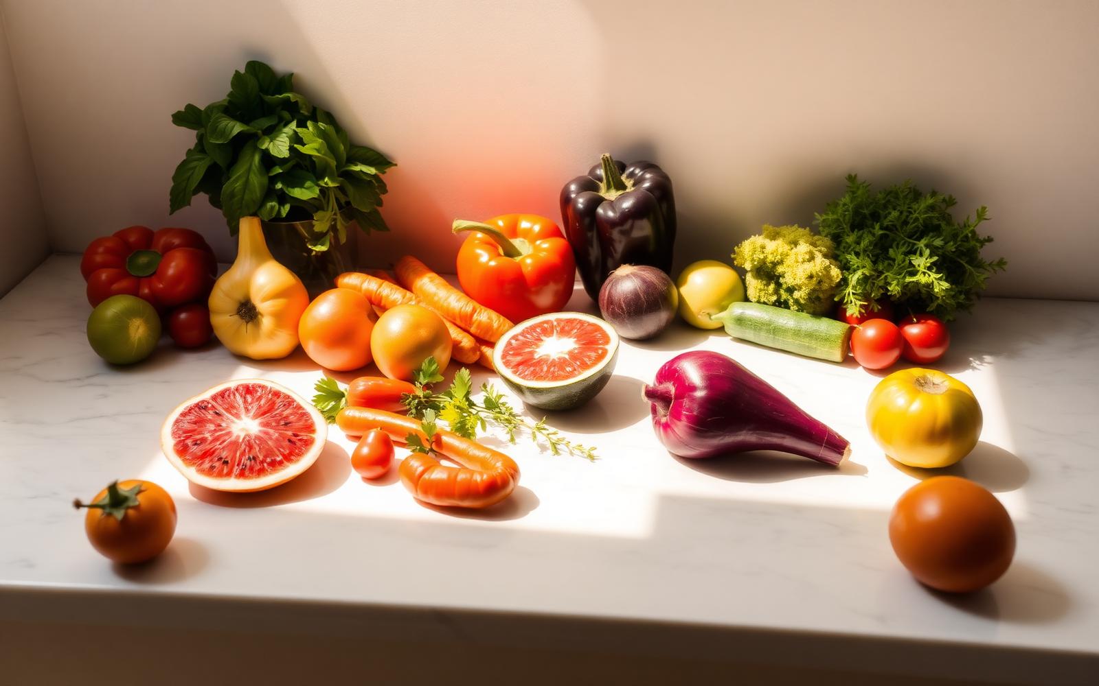 Fresh raw vegetables and fruit in golden light