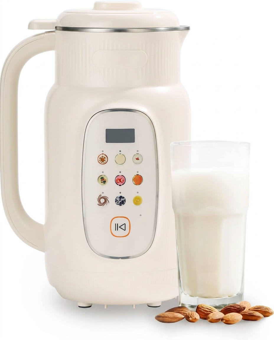 Cream-colored countertop nut milk maker beside a tall glass of fresh almond milk and raw almonds