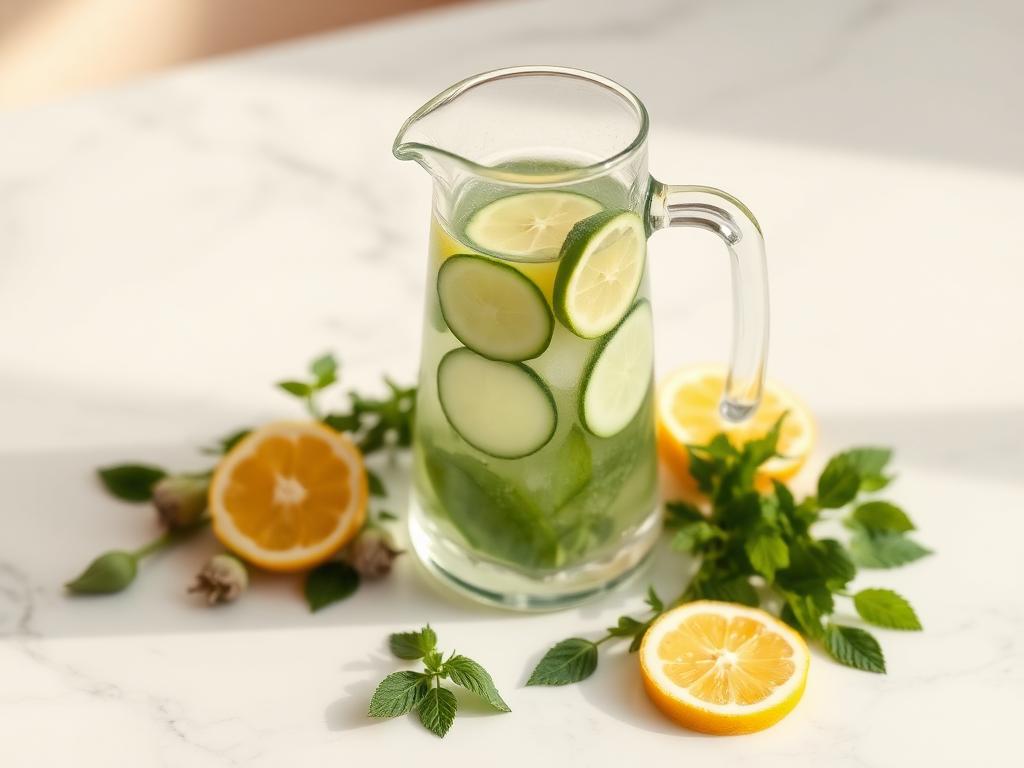 Glass pitcher of lemon and cucumber water with fresh mint on white marble