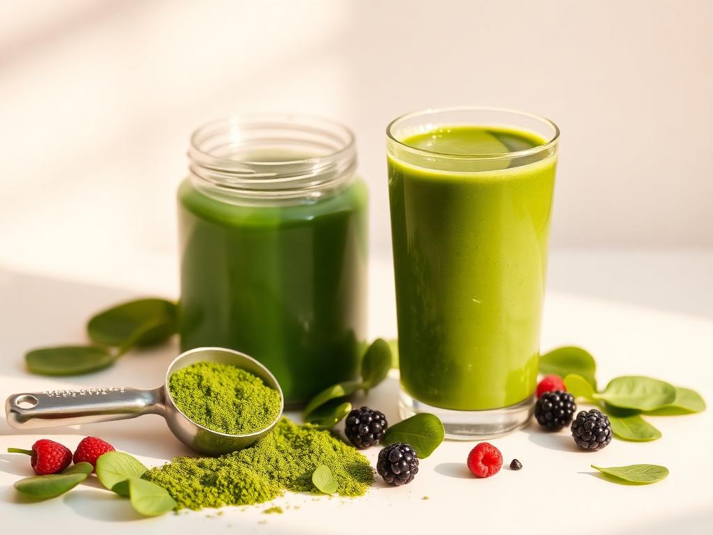 Green superfood powder scoop beside a glass of green shake with berries and spinach