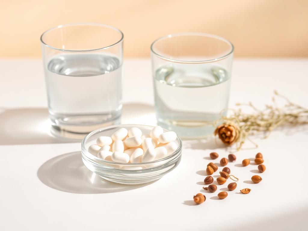 Plant-based amino acid tablets in a glass dish next to a glass of water
