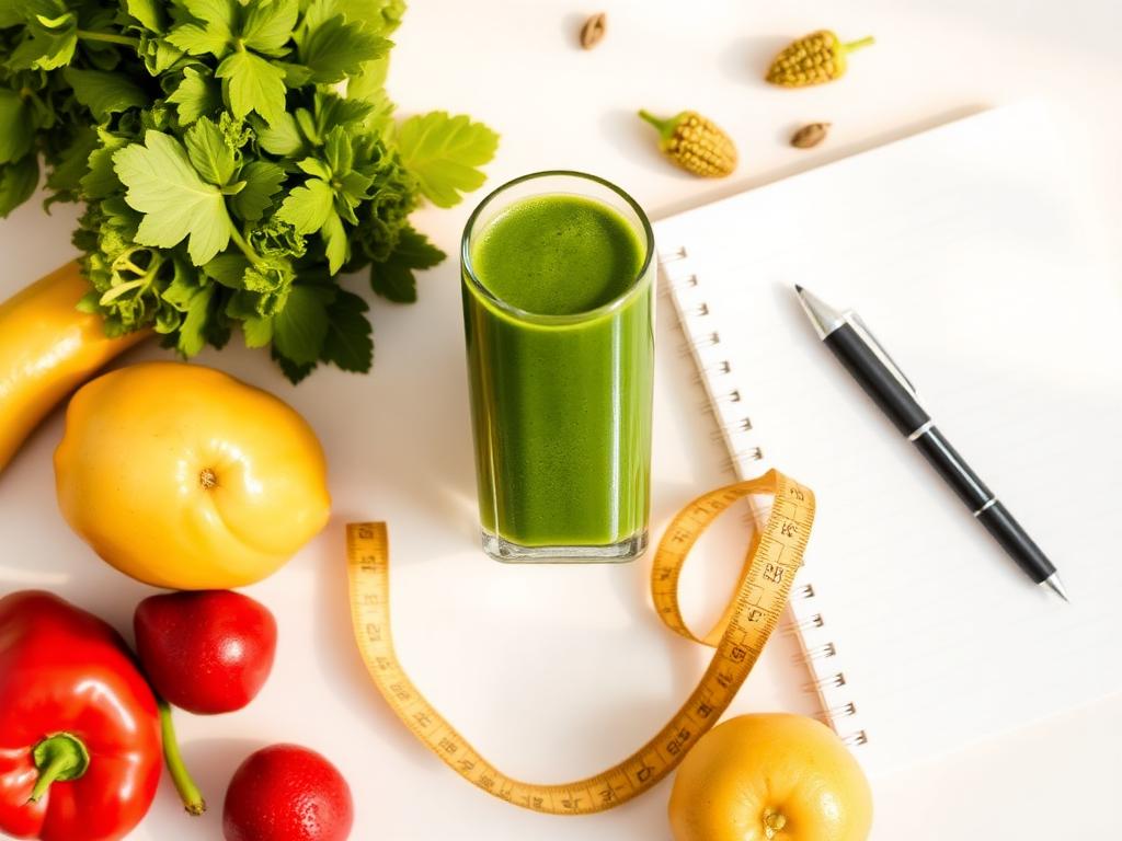 Green smoothie with measuring tape, journal, and fresh produce laid out on white